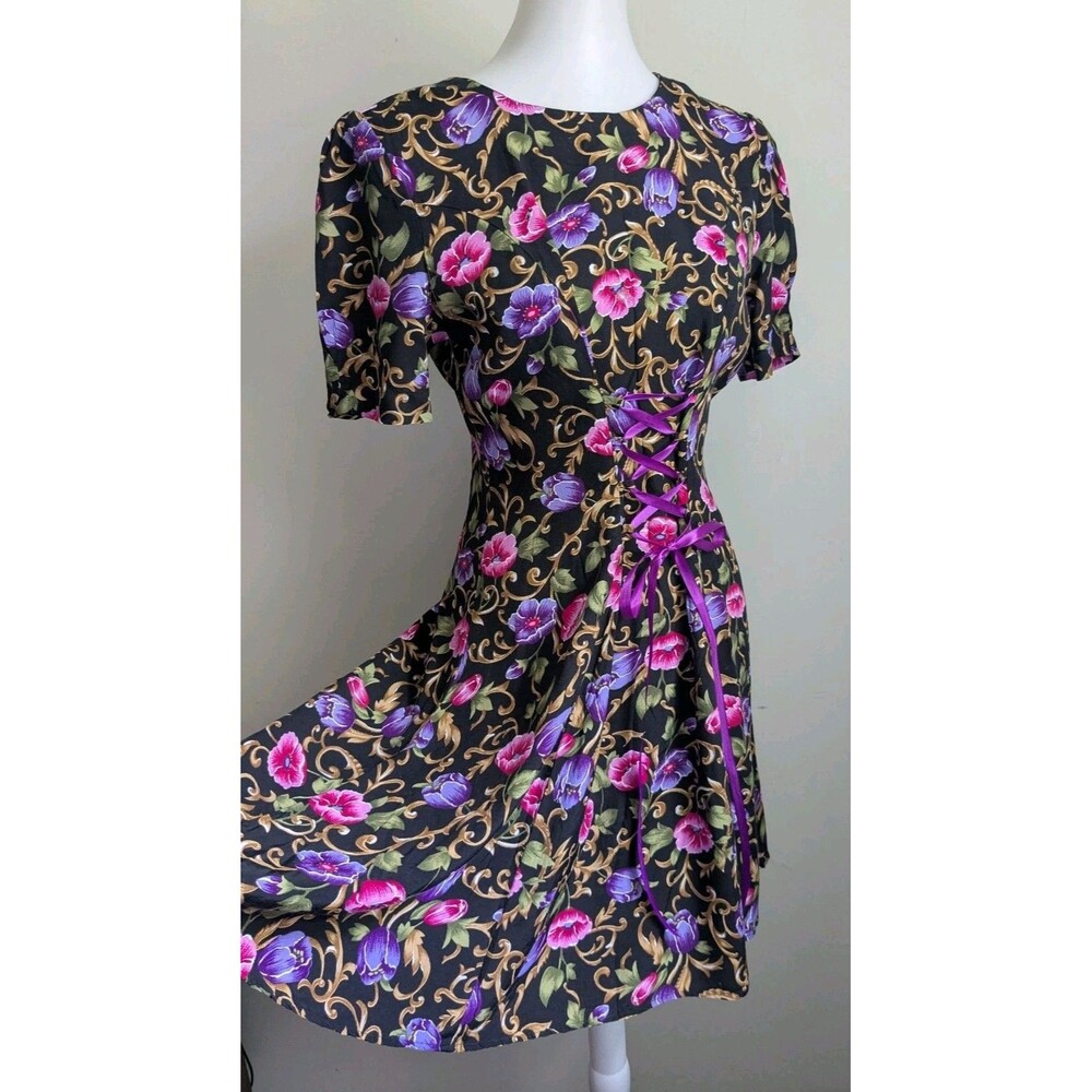 Vtg 90s Rayon Skater Dress Fit Flare Colorful Floral Corset Front Whimsigoth 7 S